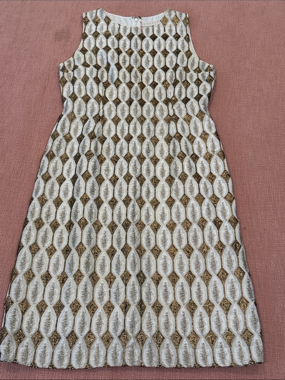 Sleeveless Ivory Dress with metallic Gold tone Geometric Embellishment